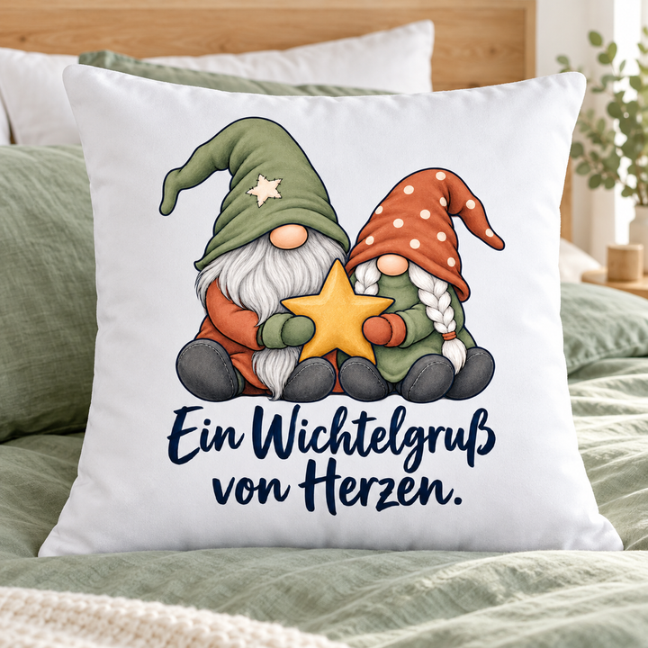 Weißes Wichtel-Kissen mit herzlichem Spruch auf einem Bett