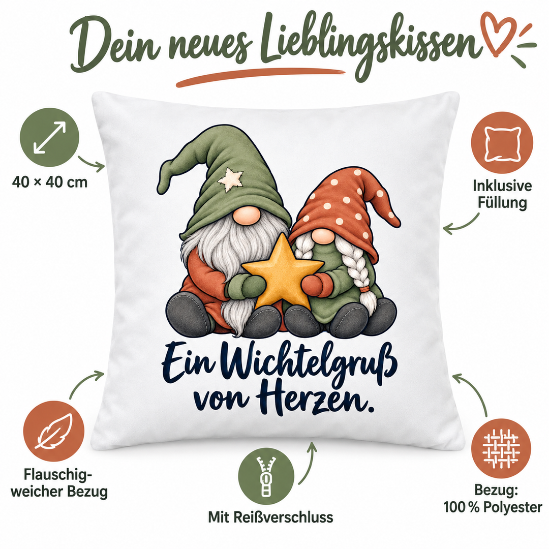 Vorteile des weißen Wichtel-Kissens: 40 × 40 cm, Füllung inklusive, weicher Bezug mit Reißverschluss