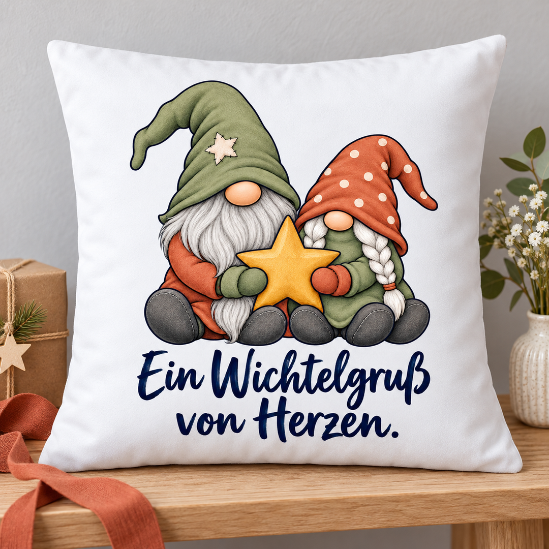 Wichtel-Kissen „Ein Wichtelgruß von Herzen“ neben einer Geschenkbox