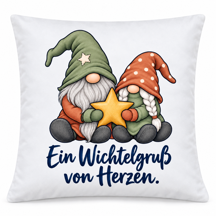 Weißes Wichtel-Kissen „Ein Wichtelgruß von Herzen“, 40 × 40 cm inklusive Füllung