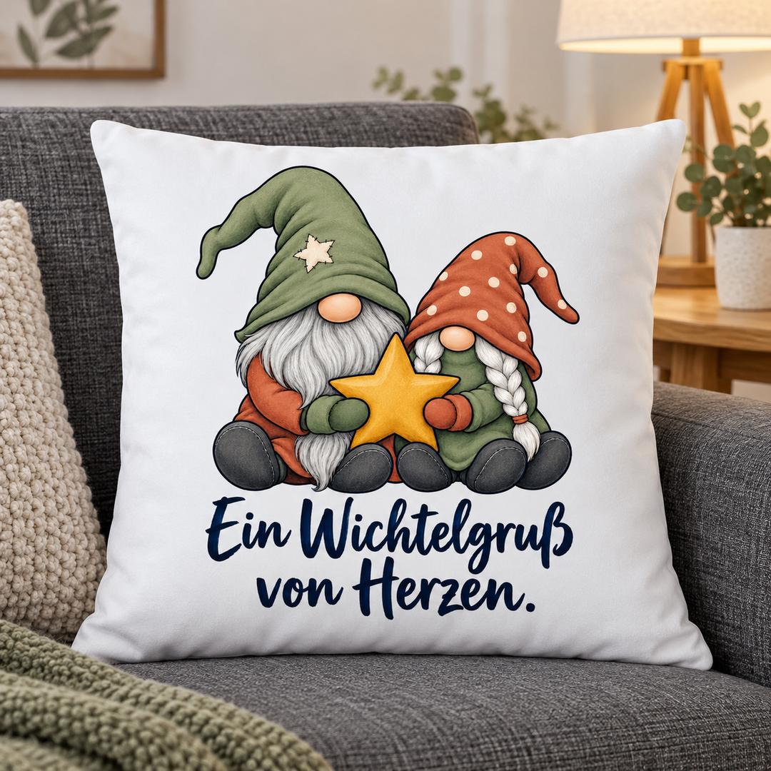 Weißes Kissen mit zwei Wichteln und goldenem Stern auf grauem Sofa