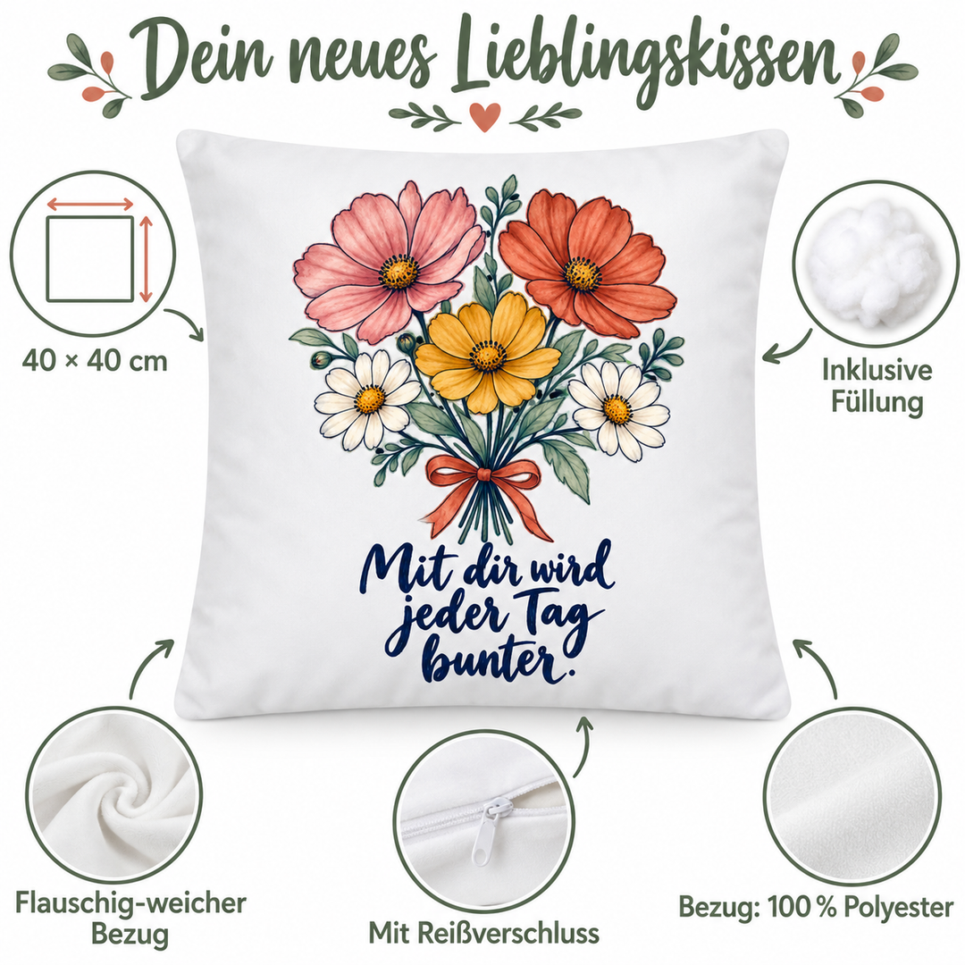 Vorteile des weißen Blumenkissens: 40 × 40 cm, Füllung inklusive, weicher Bezug mit Reißverschluss