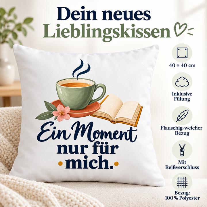Vorteile des weißen Auszeit-Kissens: 40 × 40 cm, inklusive Füllung, weicher Polyesterbezug mit Reißverschluss