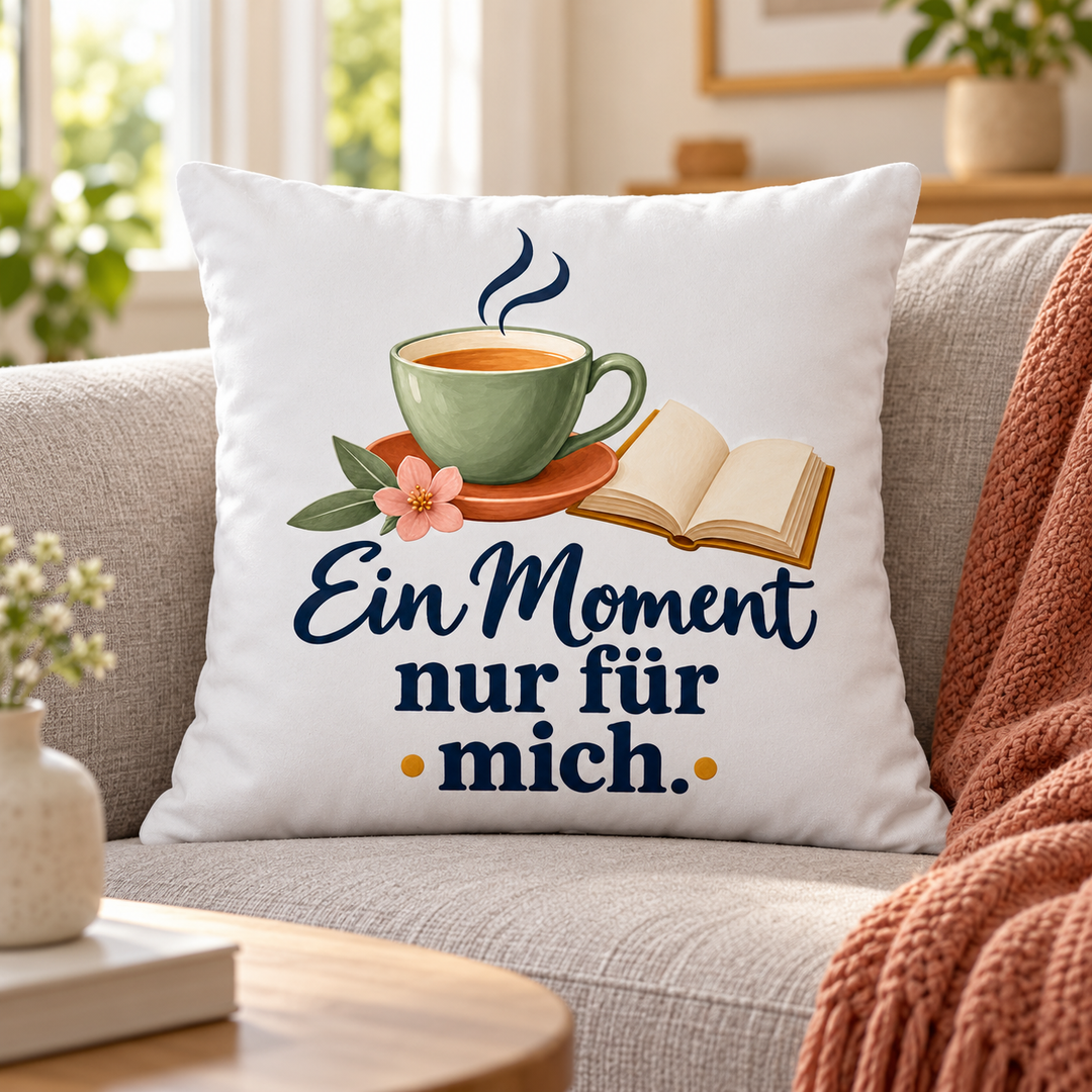 Weißes Kissen Ein Moment nur für mich auf einem grauen Sofa