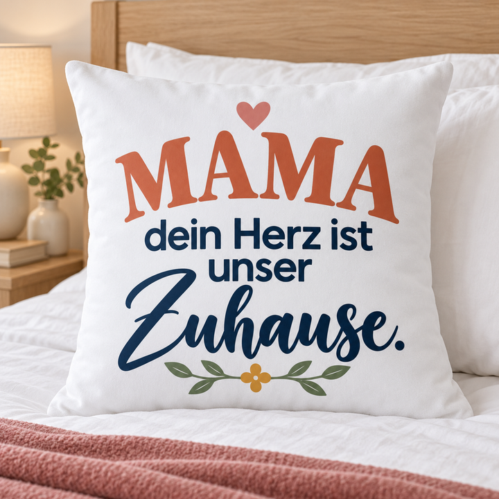 Weißes Mama-Kissen Dein Herz ist unser Zuhause auf einem Bett mit weißer Bettwäsche