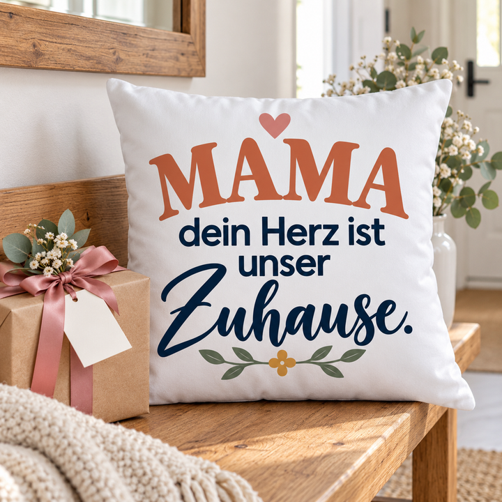 Weißes Mama-Kissen Dein Herz ist unser Zuhause als Geschenk neben einem verpackten Präsent