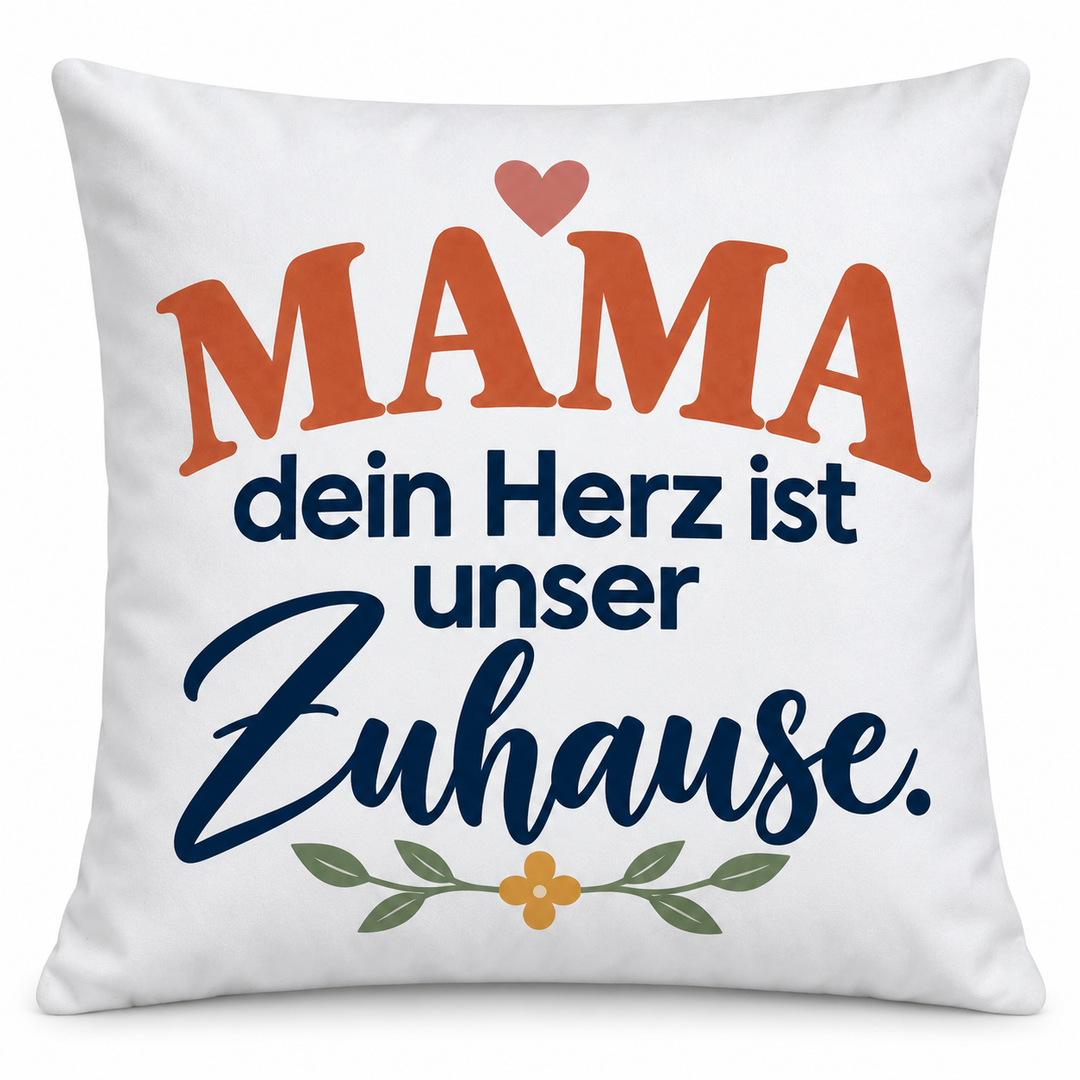 Weißes Mama-Kissen Dein Herz ist unser Zuhause auf reinweißem Hintergrund
