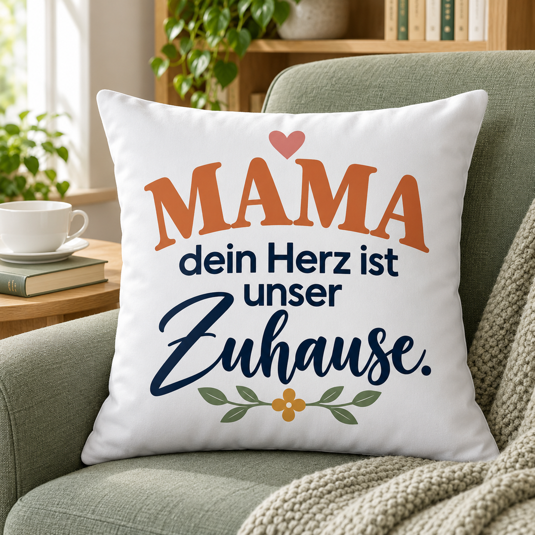 Weißes Mama-Kissen Dein Herz ist unser Zuhause in einem Lesesessel