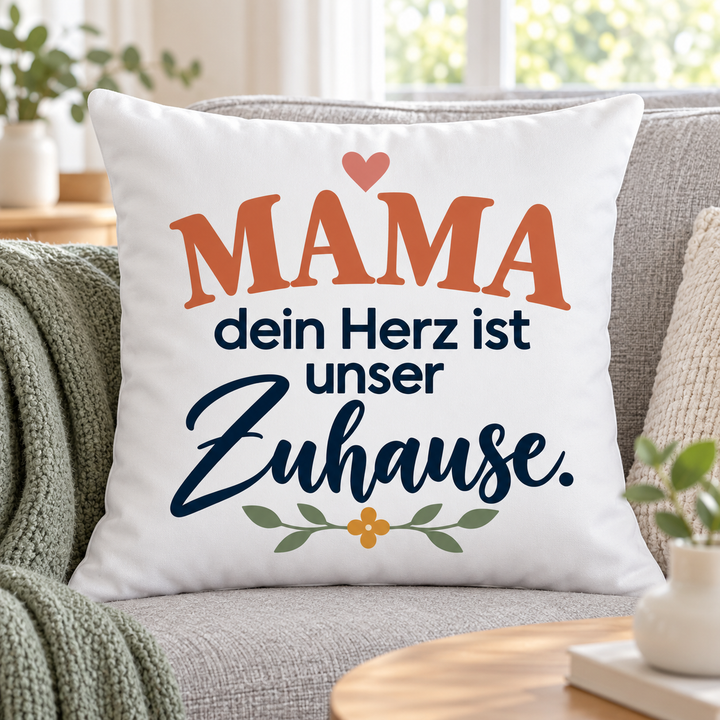 Weißes Mama-Kissen Dein Herz ist unser Zuhause auf einem hellgrauen Sofa
