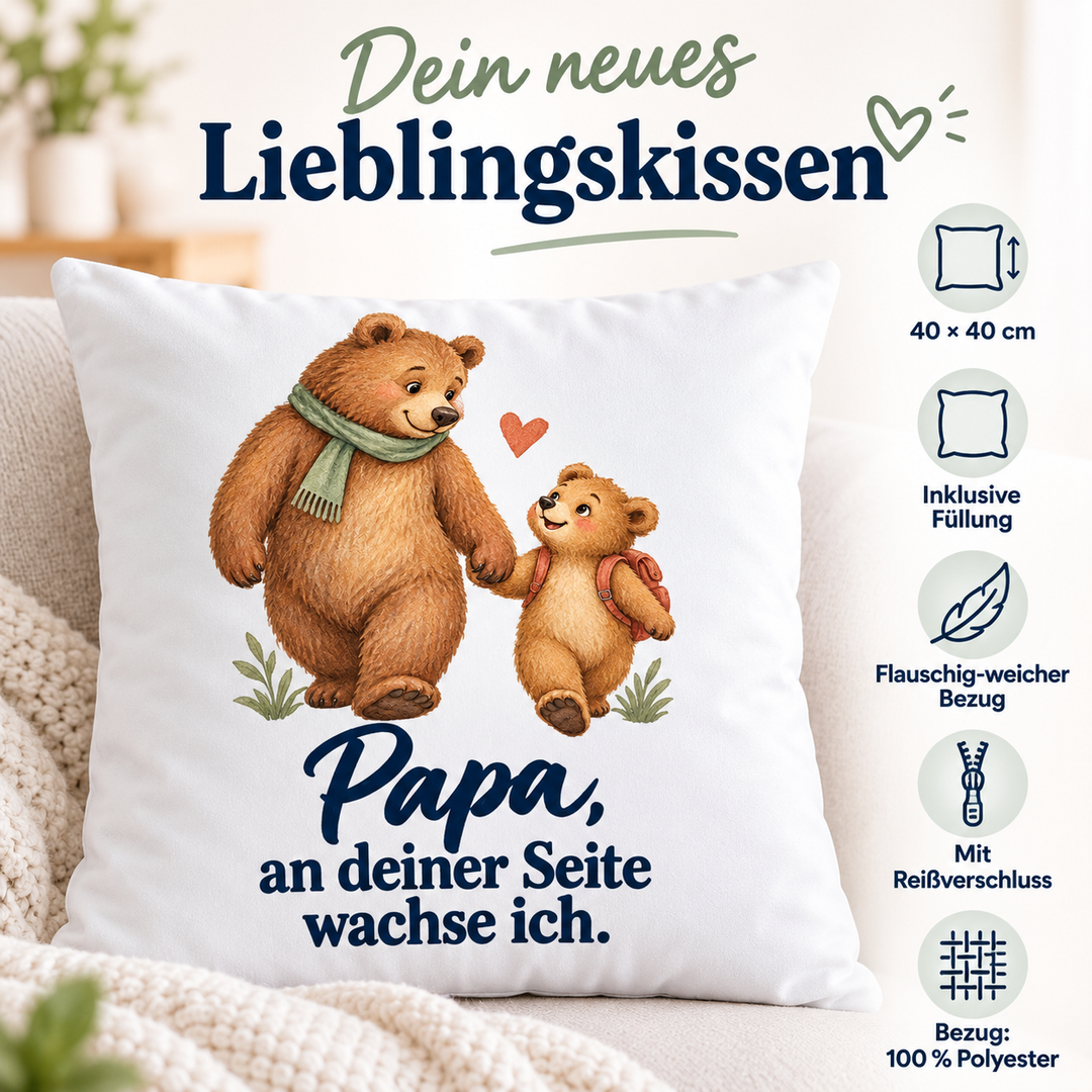 Weißes Papa-Bärenkissen An deiner Seite wachse ich mit Vorteilen: 40 × 40 cm, inklusive Füllung, weicher Polyesterbezug mit Reißverschluss