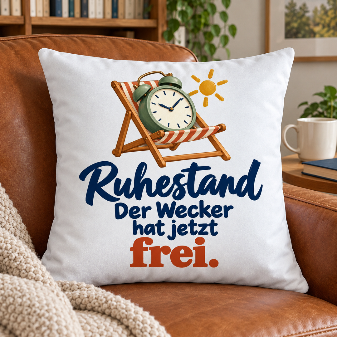 Weißes Ruhestand-Kissen Der Wecker hat jetzt frei in einem Lesesessel
