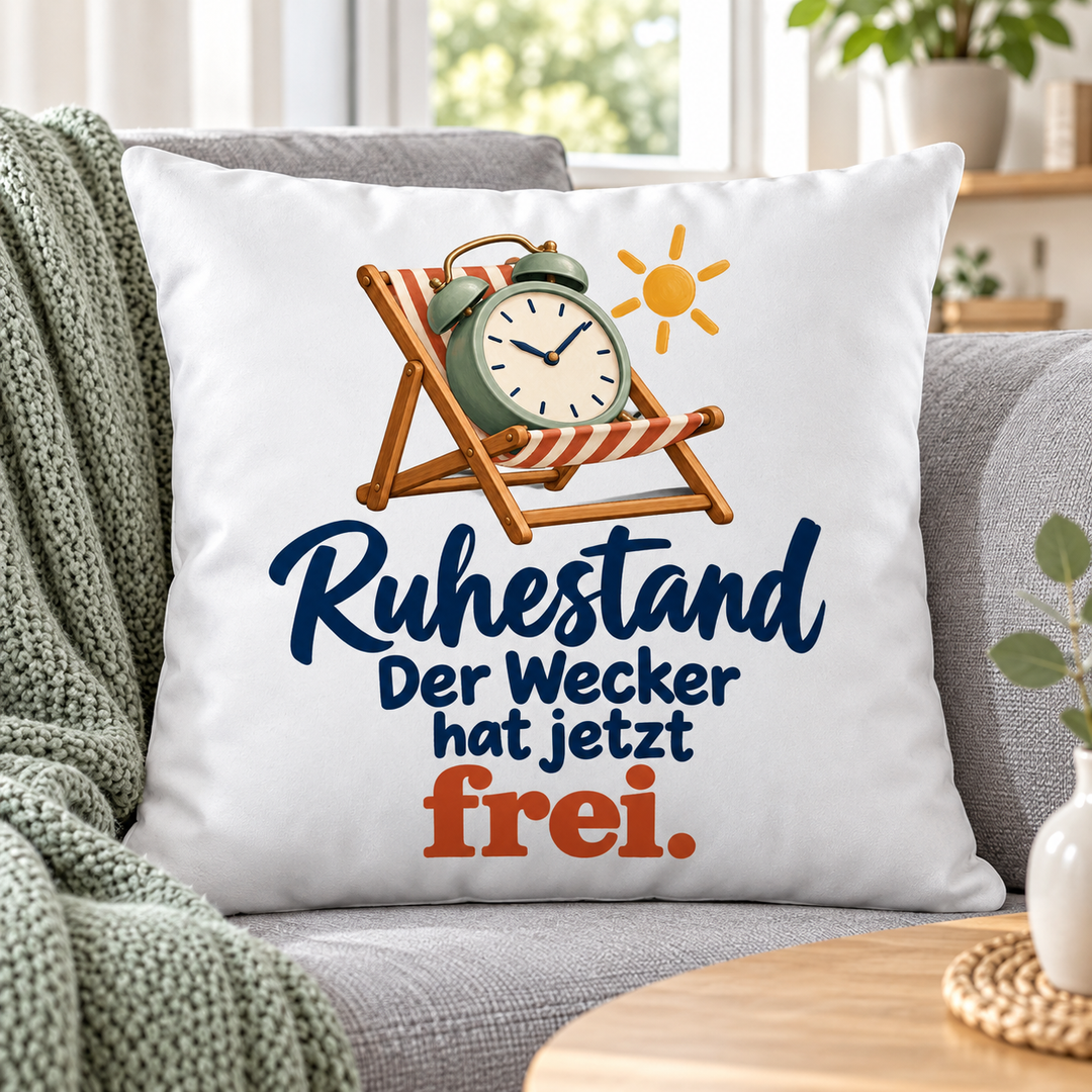 Weißes Ruhestand-Kissen Der Wecker hat jetzt frei auf einem grauen Sofa