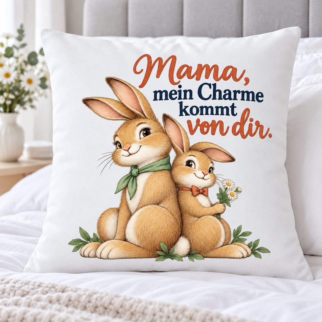 Weißes Mama-Hasenkissen mit humorvollem Spruch auf einem hellen Bett