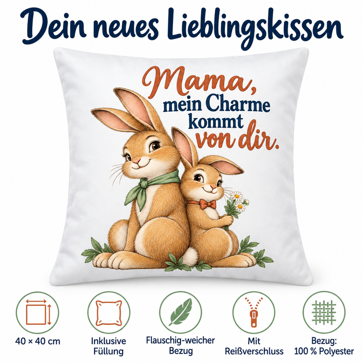 Vorteile des Mama-Hasenkissens: 40 × 40 cm, inklusive Füllung, weicher Polyesterbezug mit Reißverschluss