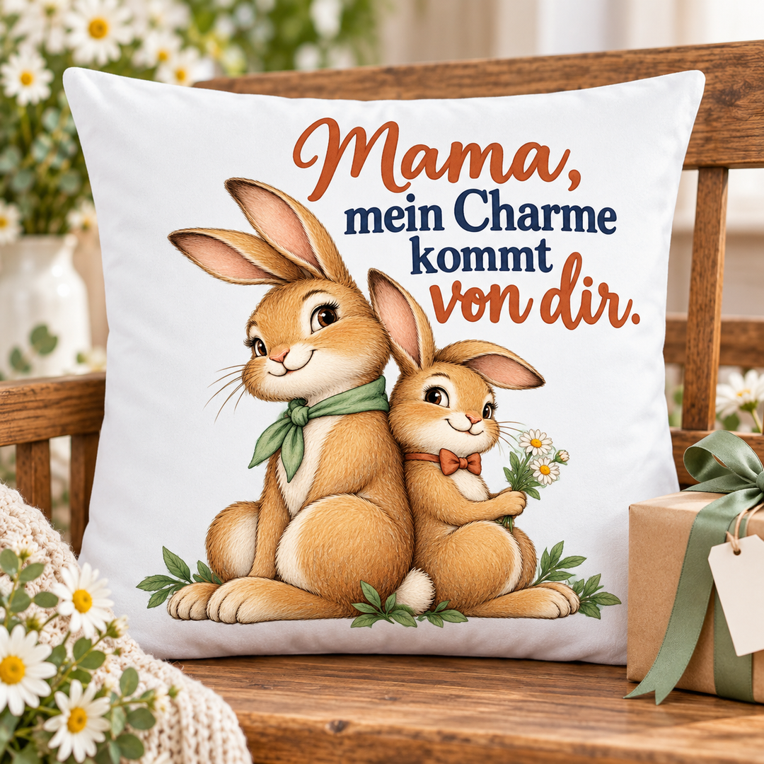 Weißes Mama-Hasenkissen als Geschenk zum Muttertag neben einem verpackten Präsent