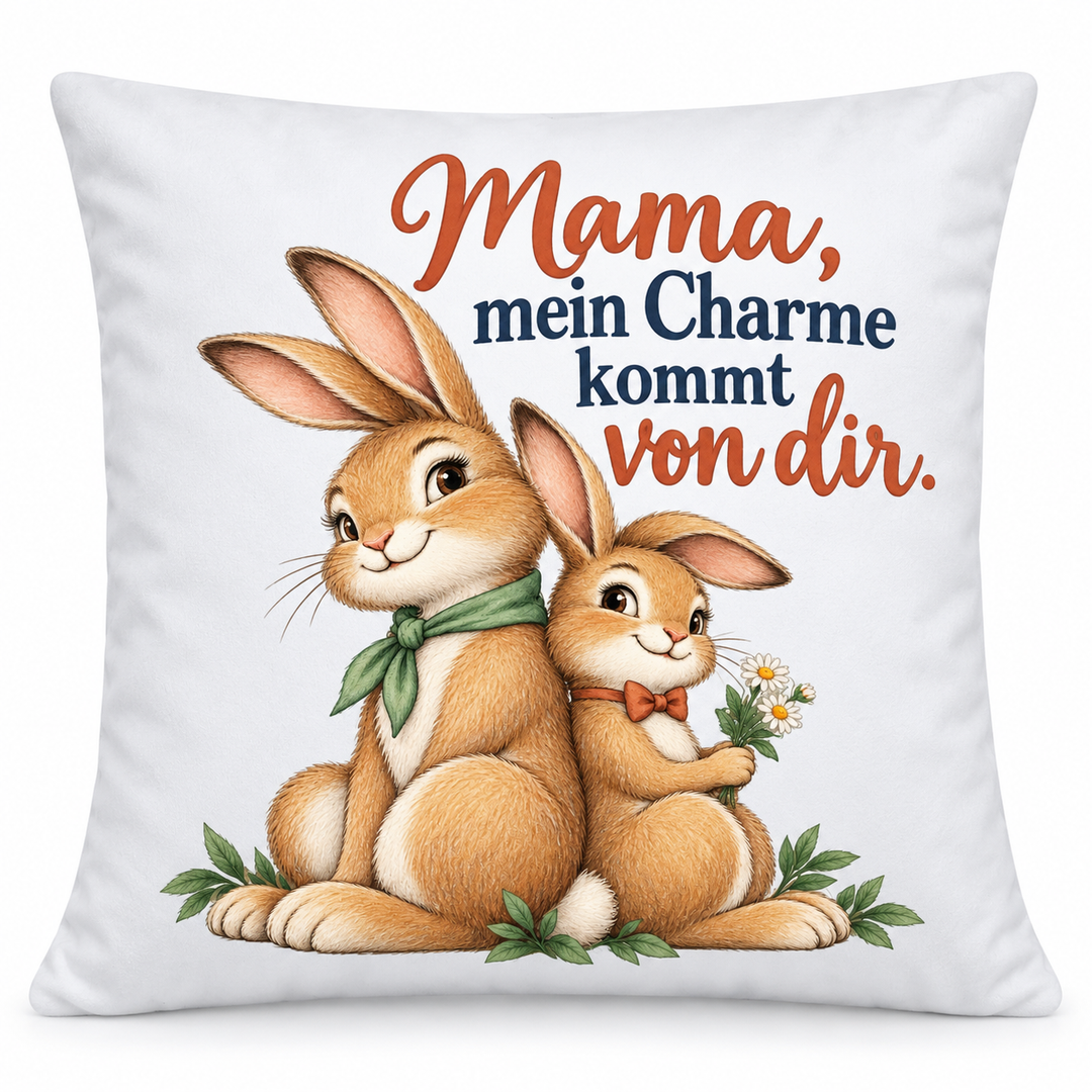 Weißes Mama-Hasenkissen Mein Charme kommt von dir auf reinweißem Hintergrund