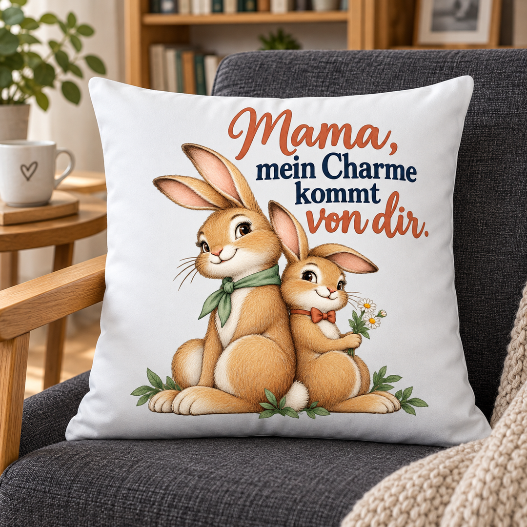 Mama-Hasenkissen Mein Charme kommt von dir in einem gemütlichen Lesesessel