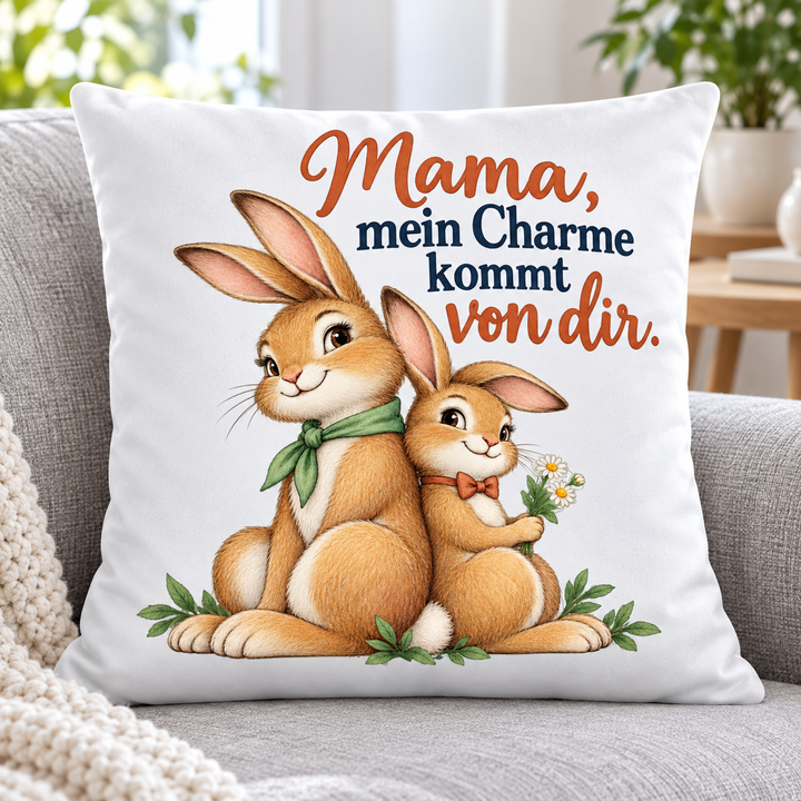 Mama-Hasenkissen mit zwei Hasen Rücken an Rücken auf einem grauen Sofa