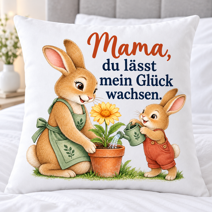 Weißes Mama-Hasenkissen mit Gartenszene auf einem hellen Bett