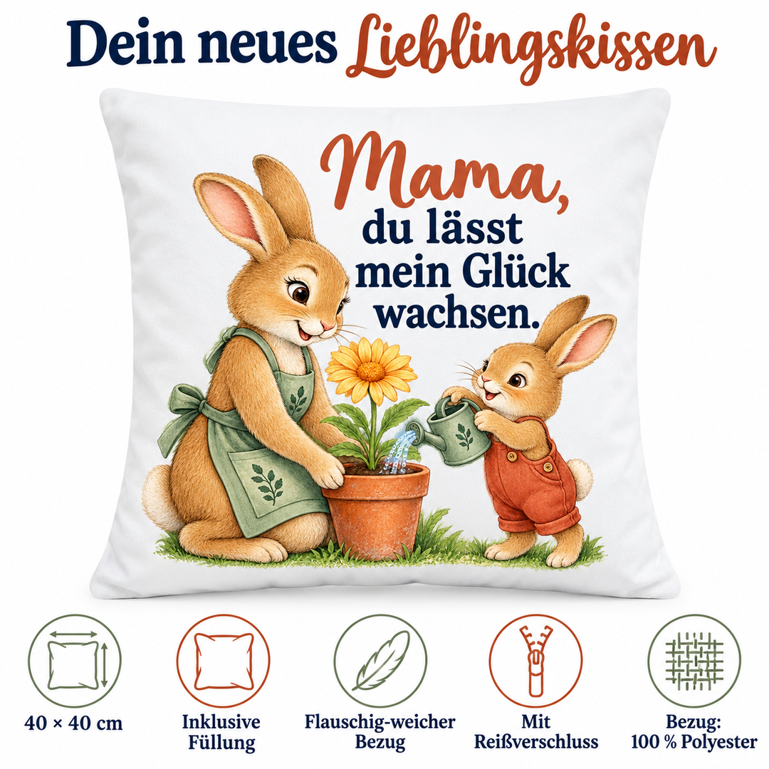 Vorteile des Mama-Hasenkissens: 40 × 40 cm, inklusive Füllung, weicher Polyesterbezug mit Reißverschluss