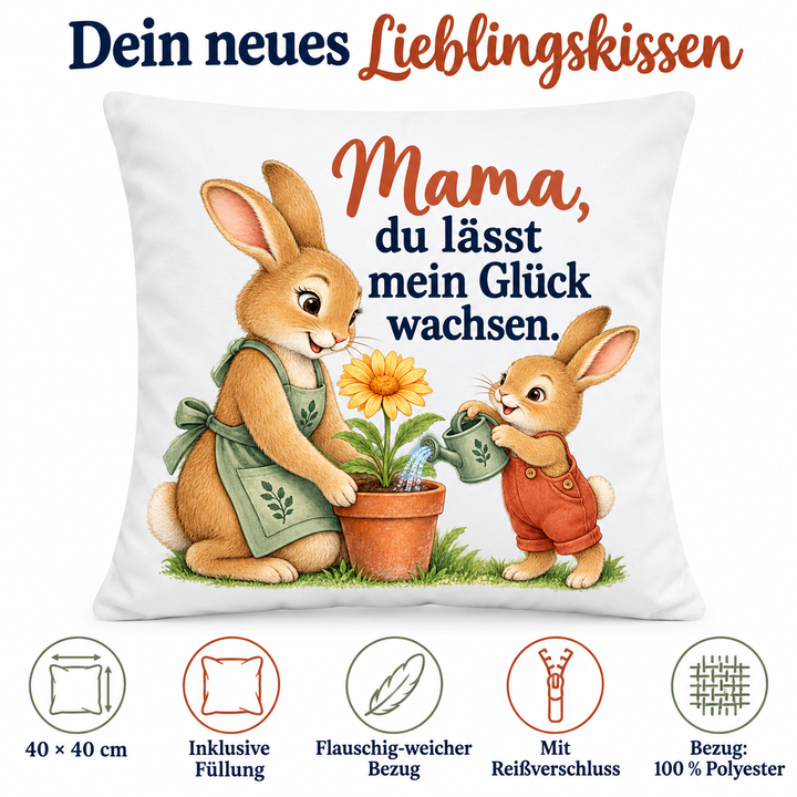 Vorteile des Mama-Hasenkissens: 40 × 40 cm, inklusive Füllung, weicher Polyesterbezug mit Reißverschluss
