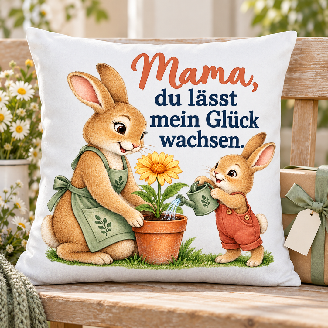 Weißes Mama-Hasenkissen als Geschenk zum Muttertag neben einem verpackten Präsent