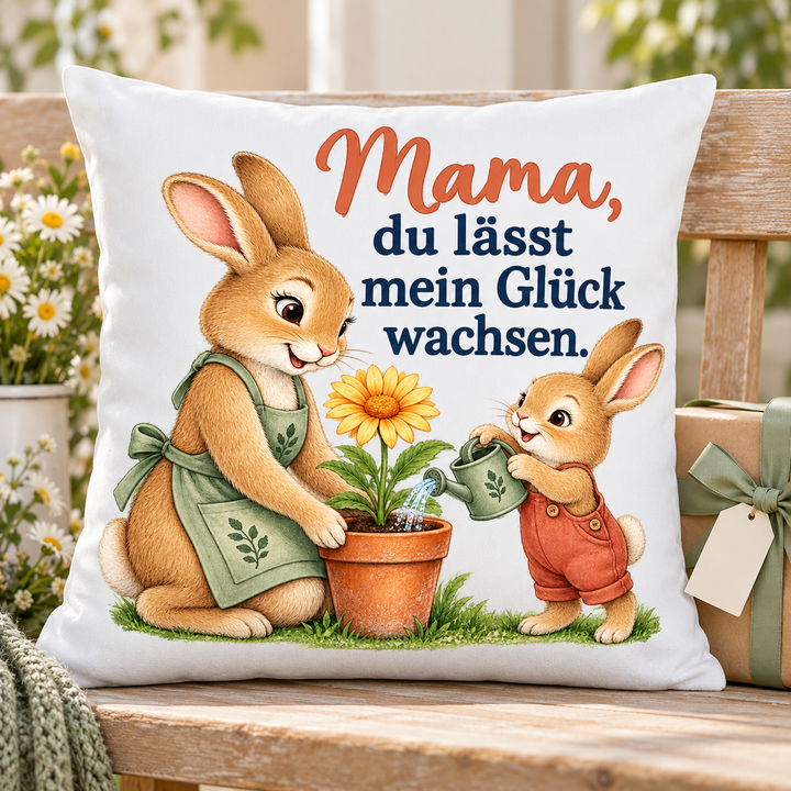 Weißes Mama-Hasenkissen als Geschenk zum Muttertag neben einem verpackten Präsent