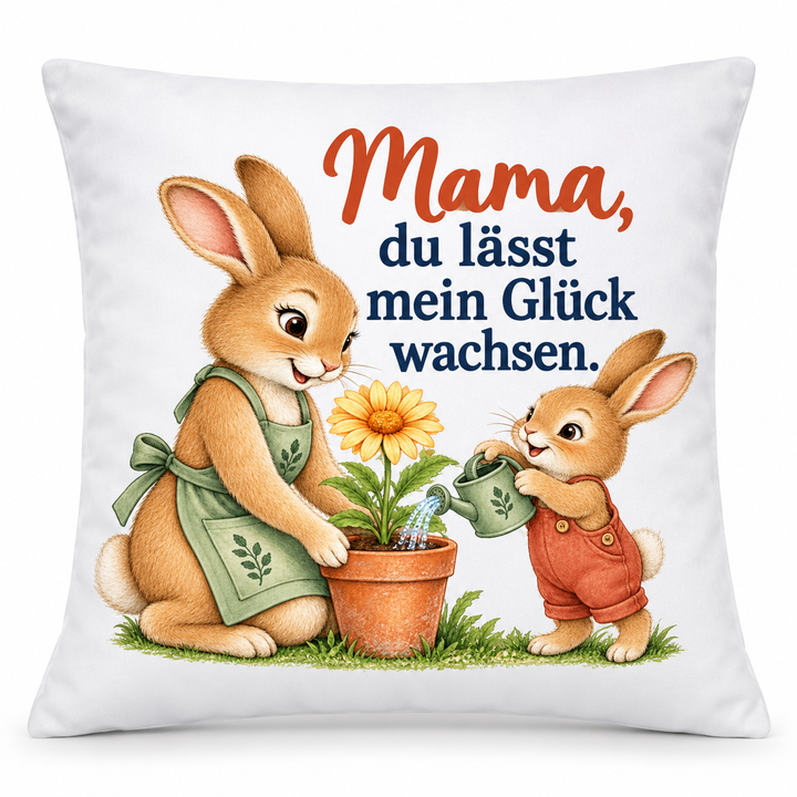 Weißes Mama-Hasenkissen Du lässt mein Glück wachsen auf reinweißem Hintergrund