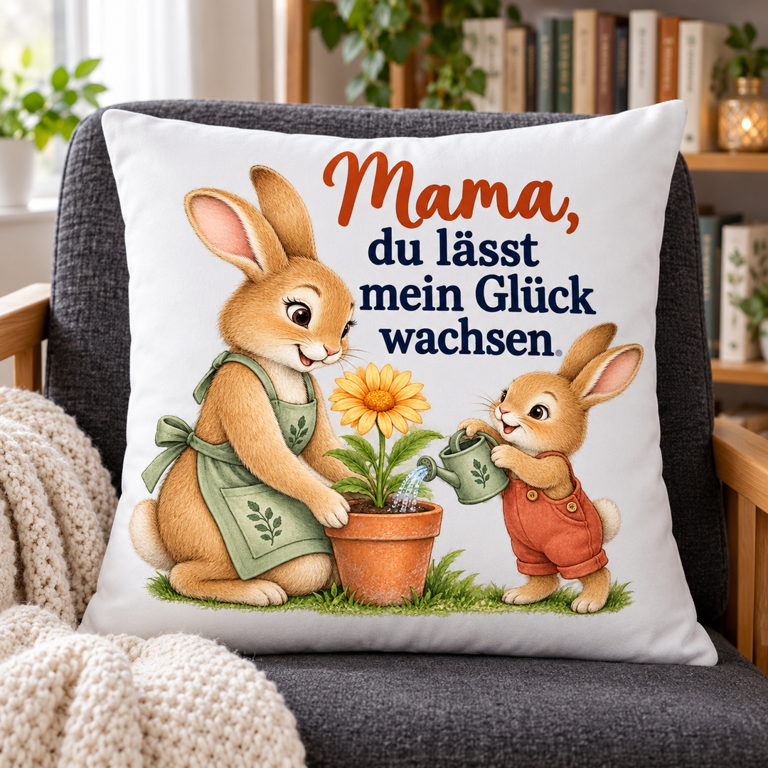 Mama-Hasenkissen Du lässt mein Glück wachsen in einem Lesesessel