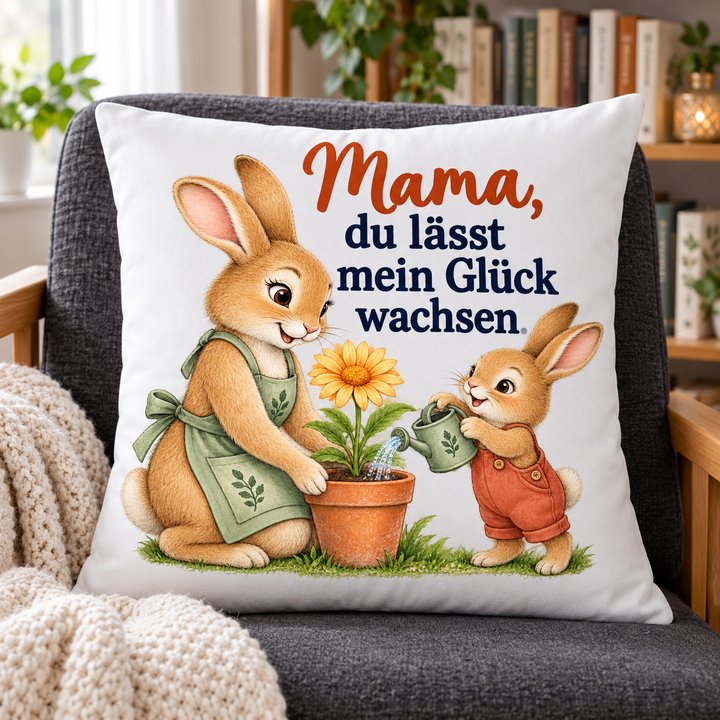 Mama-Hasenkissen Du lässt mein Glück wachsen in einem Lesesessel