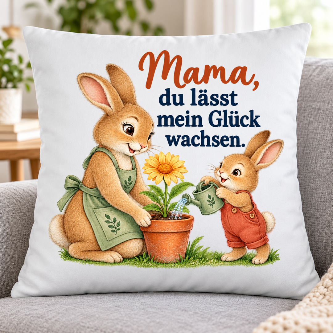 Mama-Hasenkissen mit zwei Hasen beim Gärtnern auf einem grauen Sofa