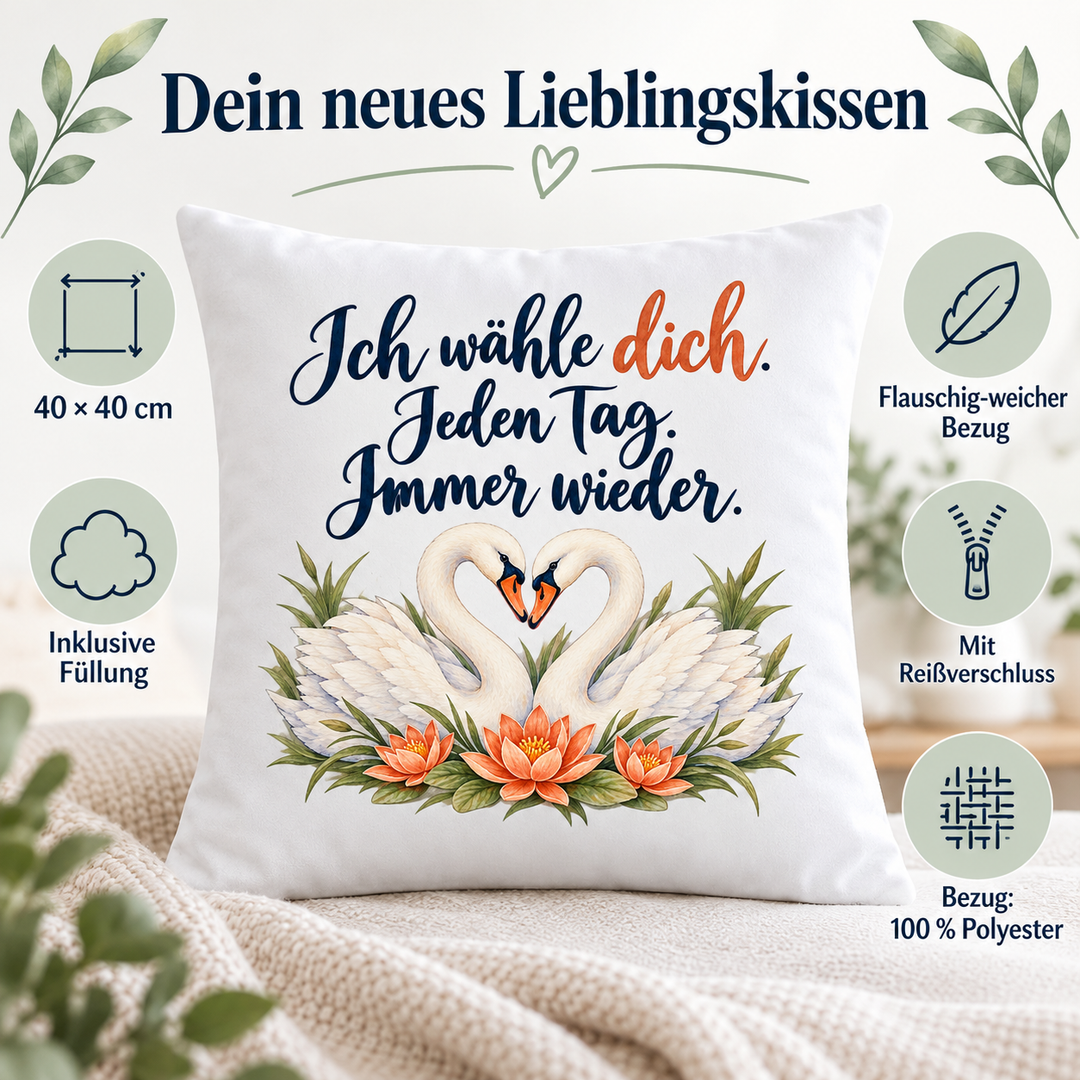 Vorteile des weißen Schwanenkissens: 40 × 40 cm, Füllung und abnehmbarer Polyesterbezug