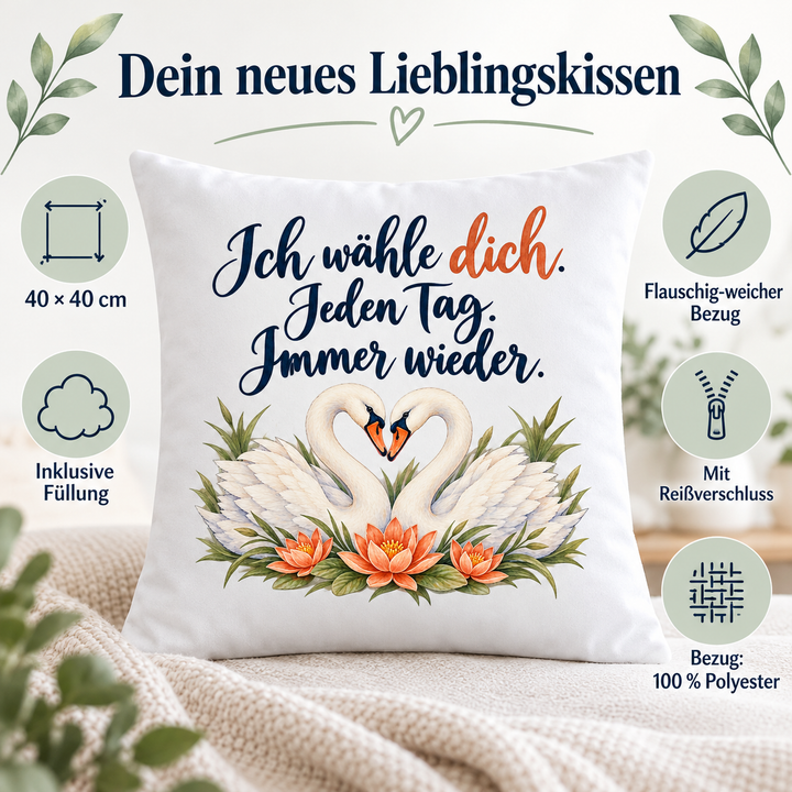 Vorteile des weißen Schwanenkissens: 40 × 40 cm, Füllung und abnehmbarer Polyesterbezug