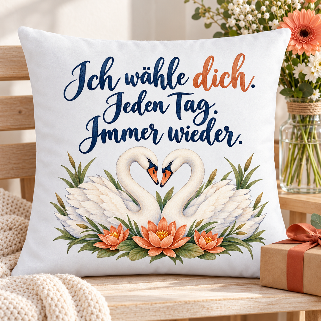 Weißes Schwanenkissen als Geschenk mit Blumen und Geschenkpaket