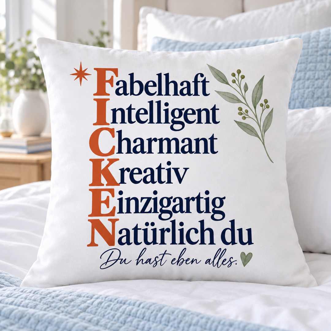 Weißes Akrostichon-Kissen auf einem hellen Bett
