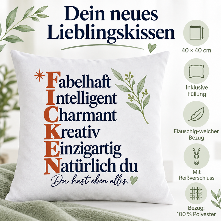 Vorteile des weißen Spruchkissens: 40 × 40 cm, Füllung und abnehmbarer Polyesterbezug