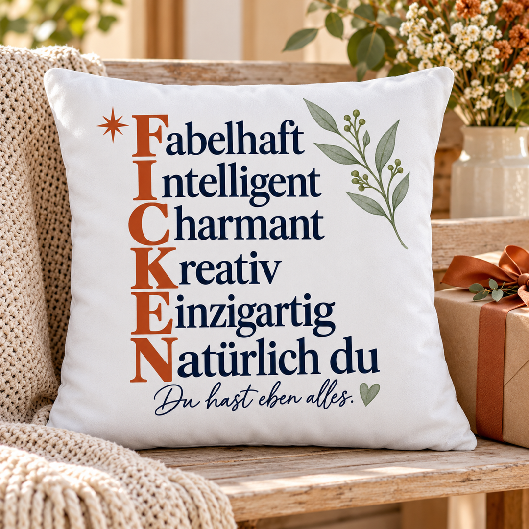 Freches Akrostichon-Kissen als Geschenk mit Blumen und Paket