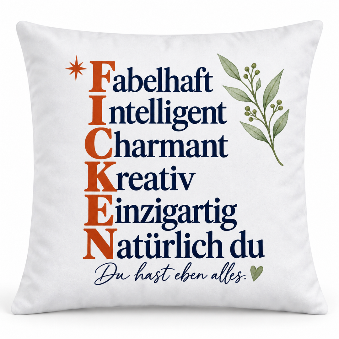 Weißes Akrostichon-Kissen Du hast eben alles auf weißem Hintergrund
