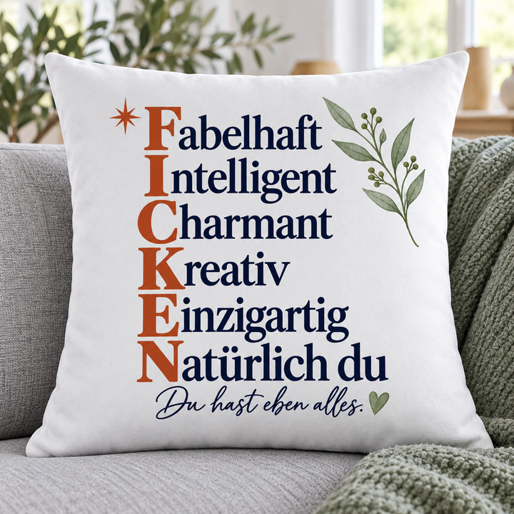Spruchkissen mit sechs Komplimenten auf einem grauen Sofa