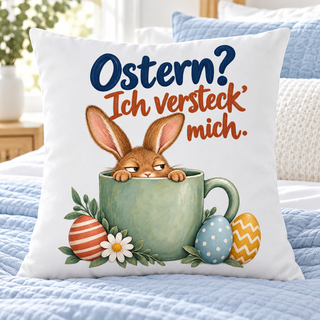 Weißes Osterkissen mit Spruch auf einem hellen Bett