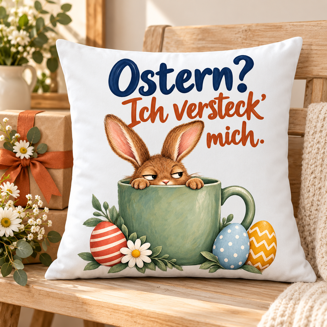 Lustiges Osterkissen als Geschenk mit Blumen und Paket