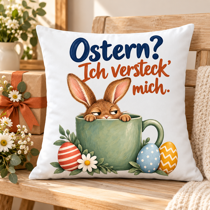 Lustiges Osterkissen als Geschenk mit Blumen und Paket