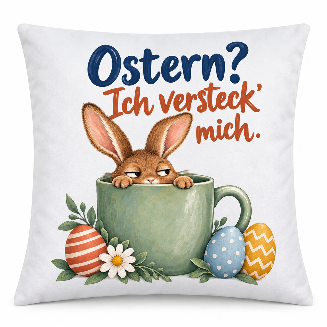 Weißes Osterkissen Ostern Ich versteck mich mit Tassenhase auf weißem Hintergrund
