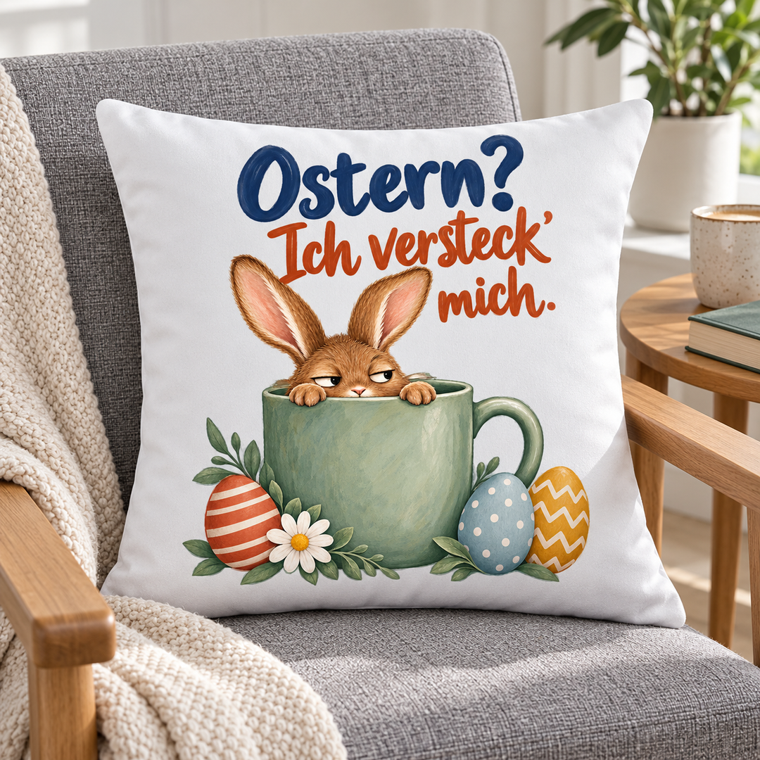 Tassenhasen-Kissen mit bunten Ostereiern im Lesesessel