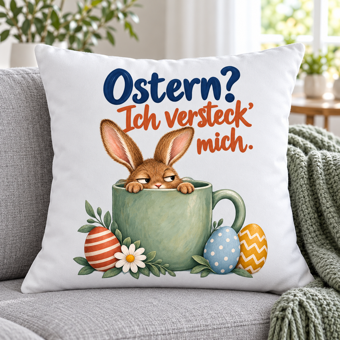 Humorvolles Osterkissen mit Hase in grüner Tasse auf grauem Sofa