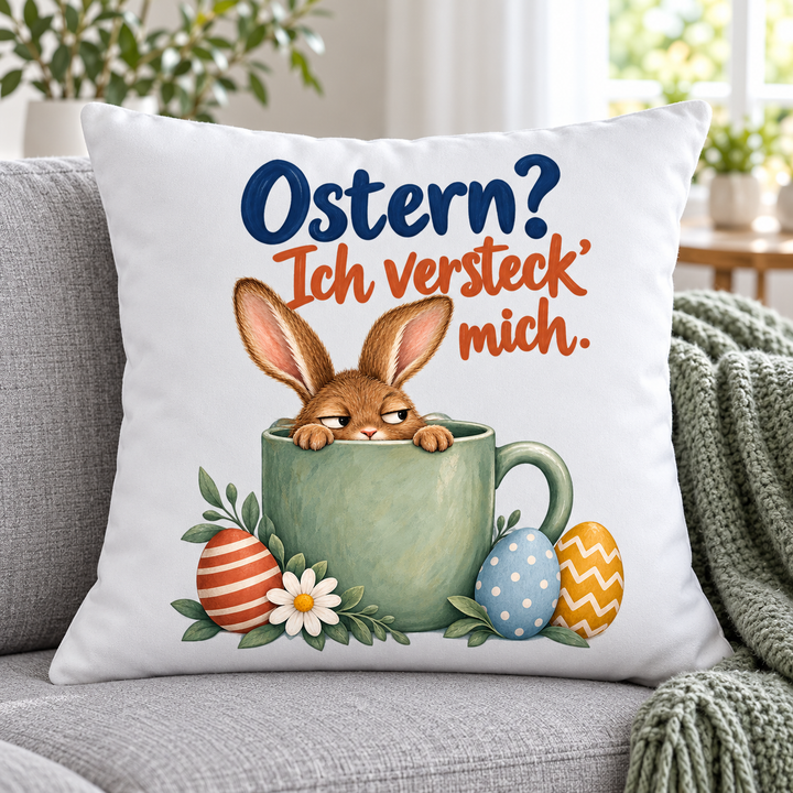 Humorvolles Osterkissen mit Hase in grüner Tasse auf grauem Sofa