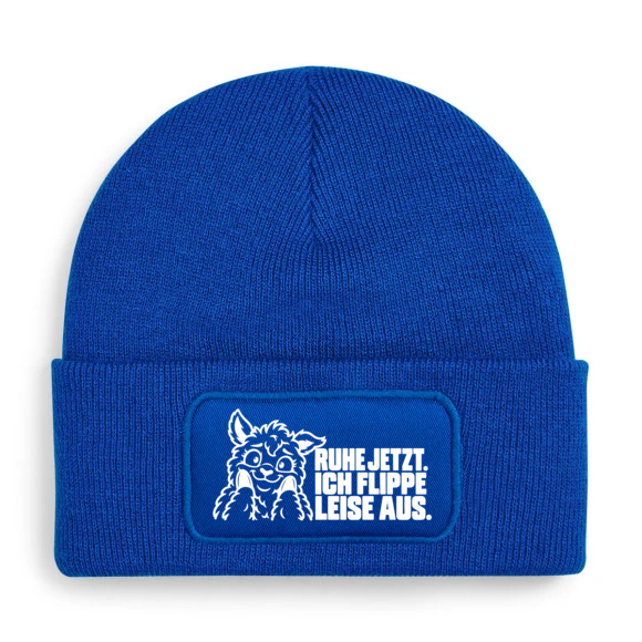Mütze RUHE JETZT. ICH FLIPPE LEISE AUS. mit Comic-Alpaka in Blau