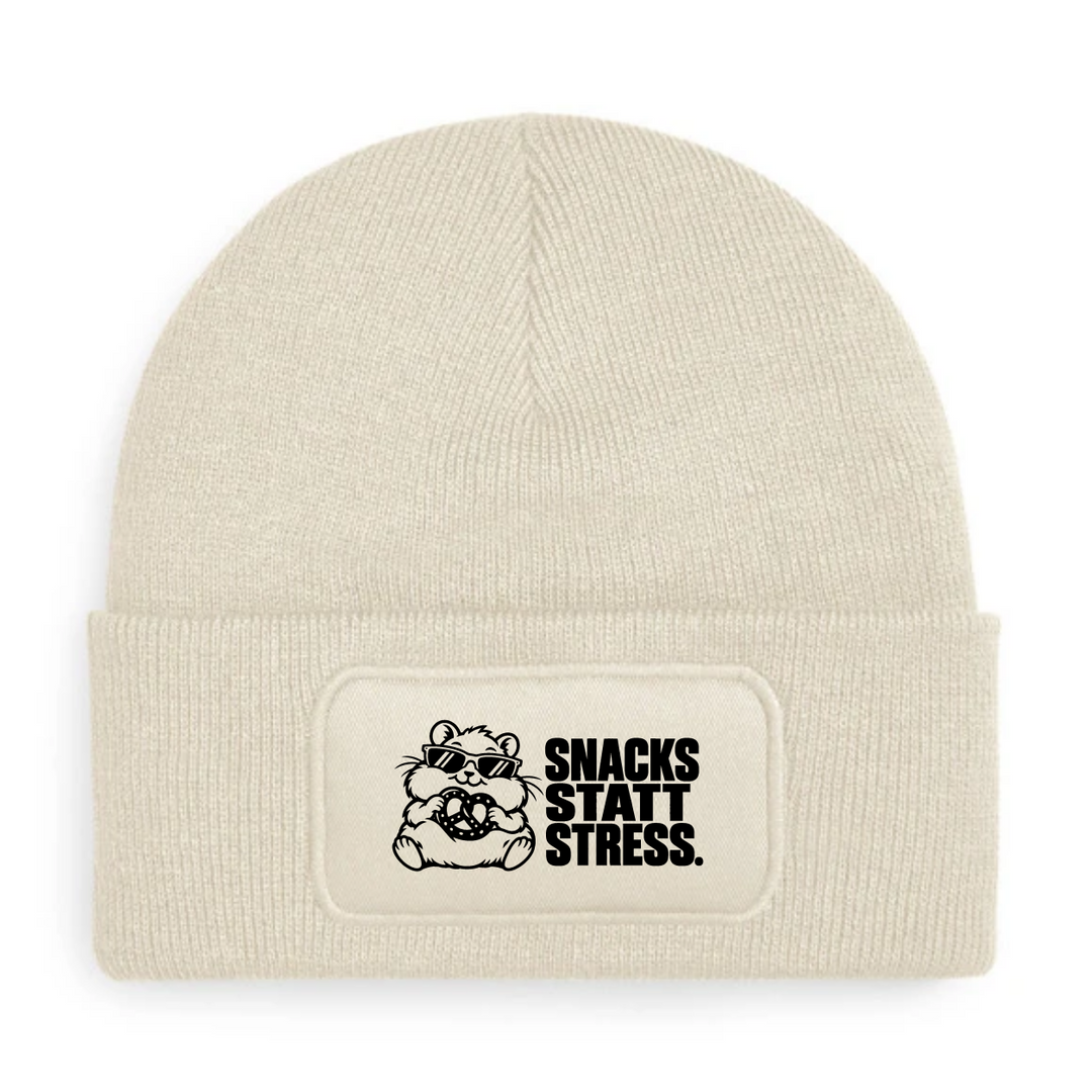 Mütze SNACKS STATT STRESS. mit Comic-Hamster – Beige