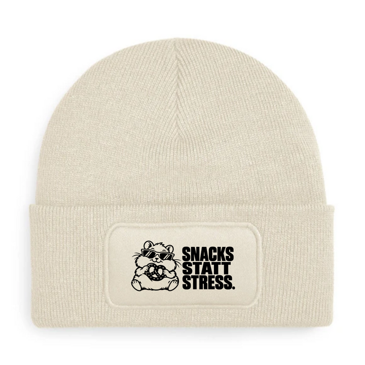 Mütze SNACKS STATT STRESS. mit Comic-Hamster – Beige