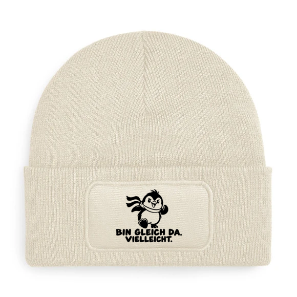 PEPAM Beechfield B445 mit Comic-Pinguin „BIN GLEICH DA. VIELLEICHT.“ in Beige
